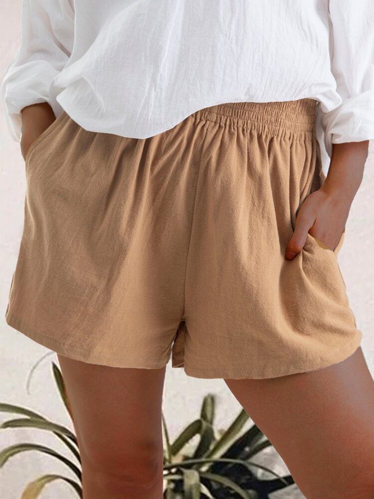 Dame Casual Ensfarget Elastisk Midjelommeshorts