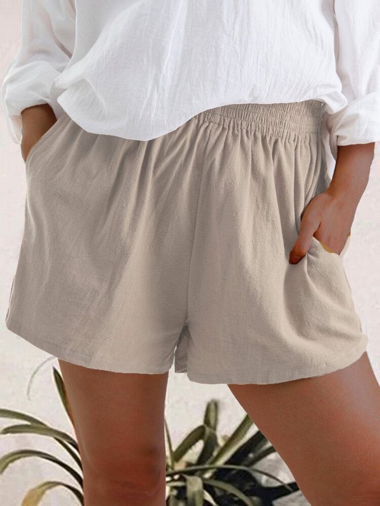 Dame Casual Ensfarget Elastisk Midjelommeshorts