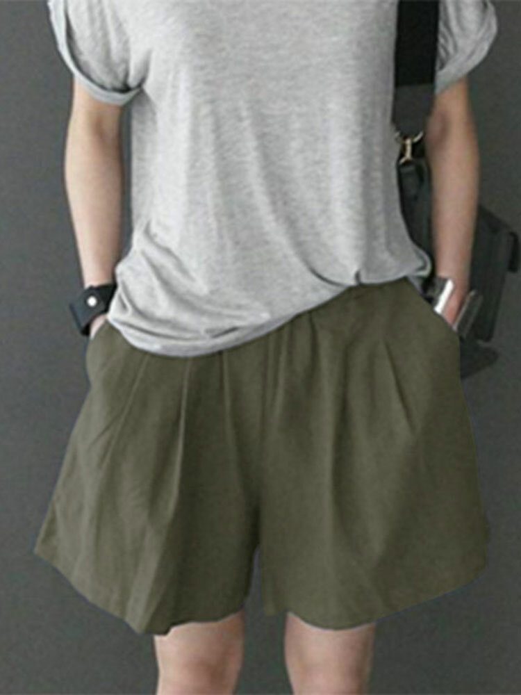 Fritid Solid Ruched Pocket Casual Cotton Shorts