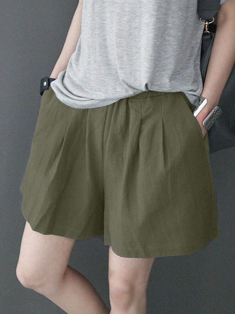 Fritid Solid Ruched Pocket Casual Cotton Shorts