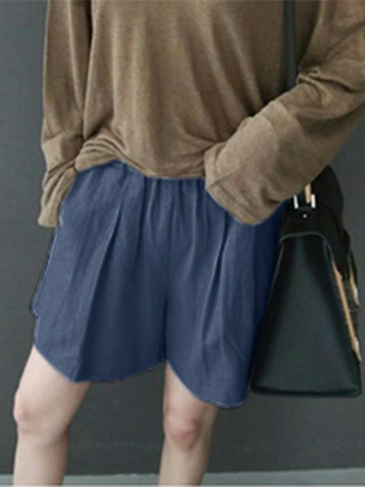 Fritid Solid Ruched Pocket Casual Cotton Shorts