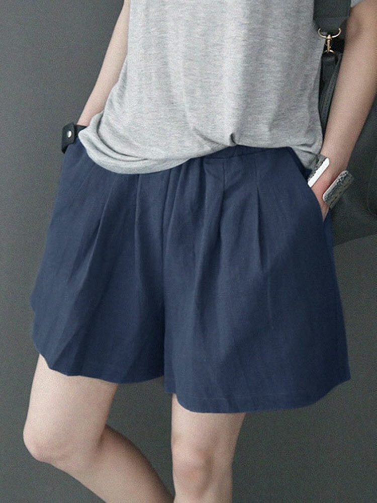 Fritid Solid Ruched Pocket Casual Cotton Shorts