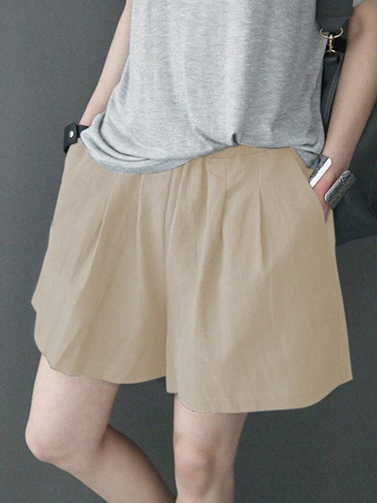 Fritid Solid Ruched Pocket Casual Cotton Shorts