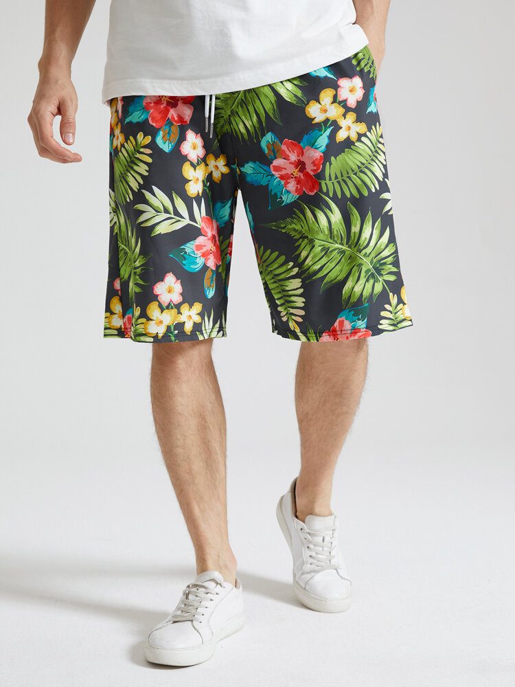 Herre All Over Flower Leaf Print Holiday Shorts Med Snøring