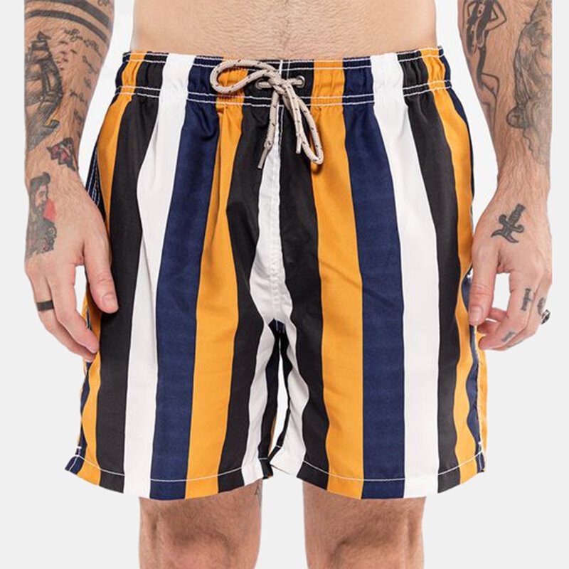 Herre Fargerike Stripe Shorts Hurtigtørkende Mesh Fôr Middels Lengde Strandferie Badebukse Shorts