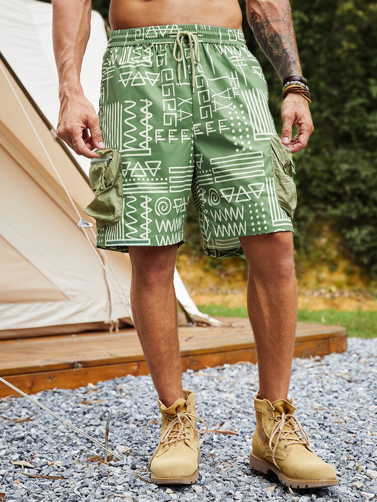 Herre To Store Lommer Geometrisk Trykk Midt Lengde Snøring Overall Shorts