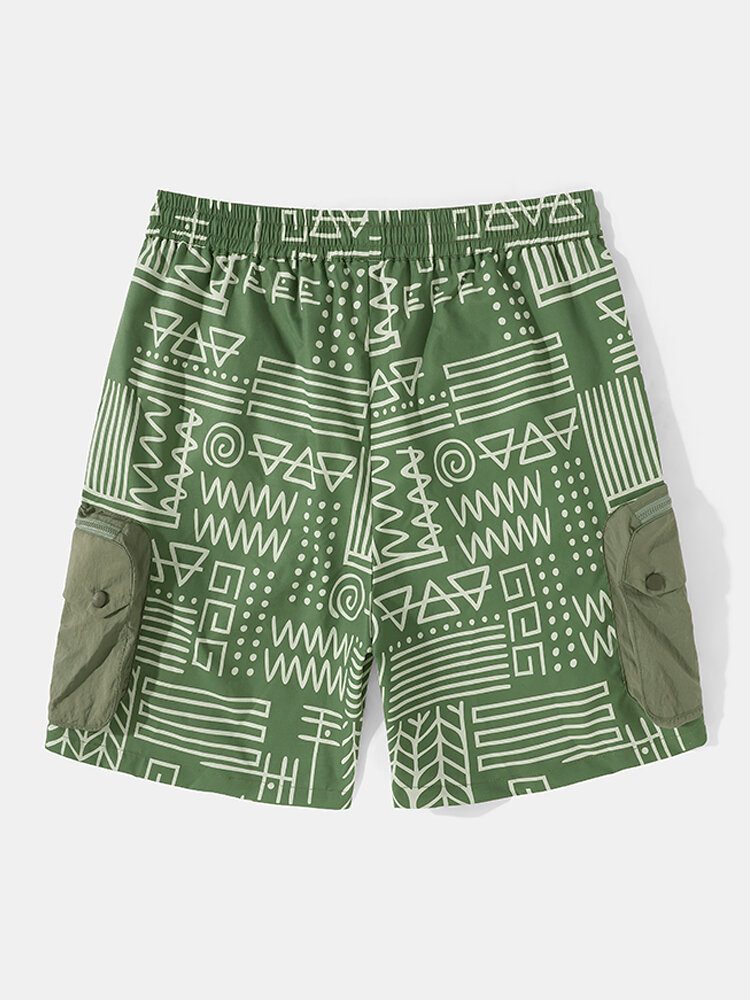 Herre To Store Lommer Geometrisk Trykk Midt Lengde Snøring Overall Shorts