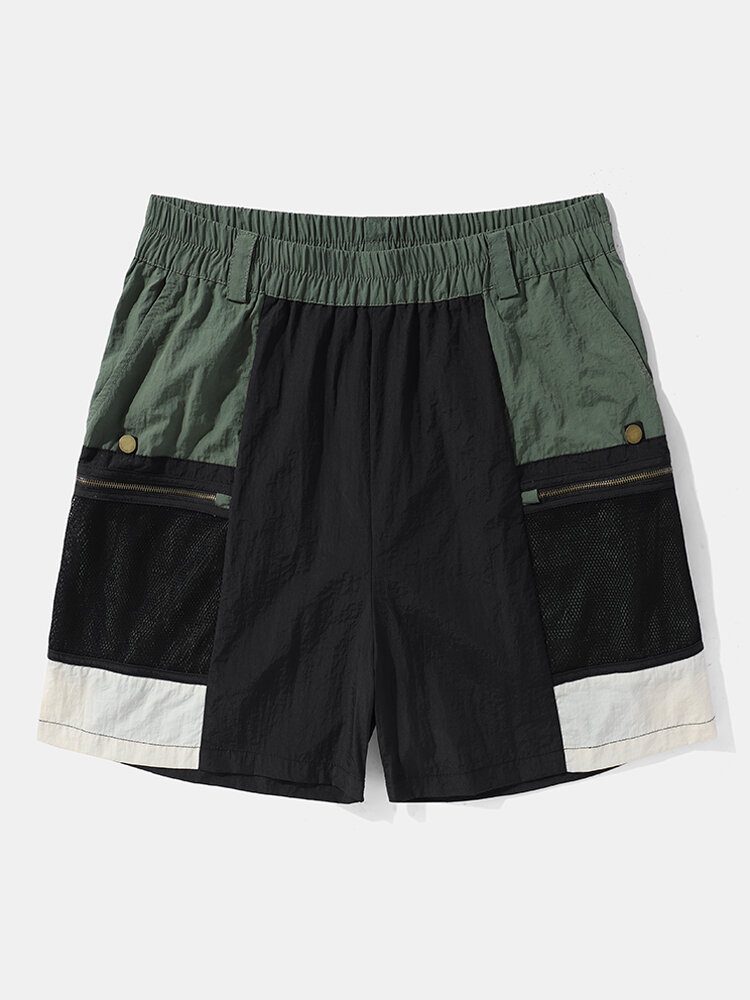 Menn Colorblock Zip Pocket Belted Elastisk Midje Shorts