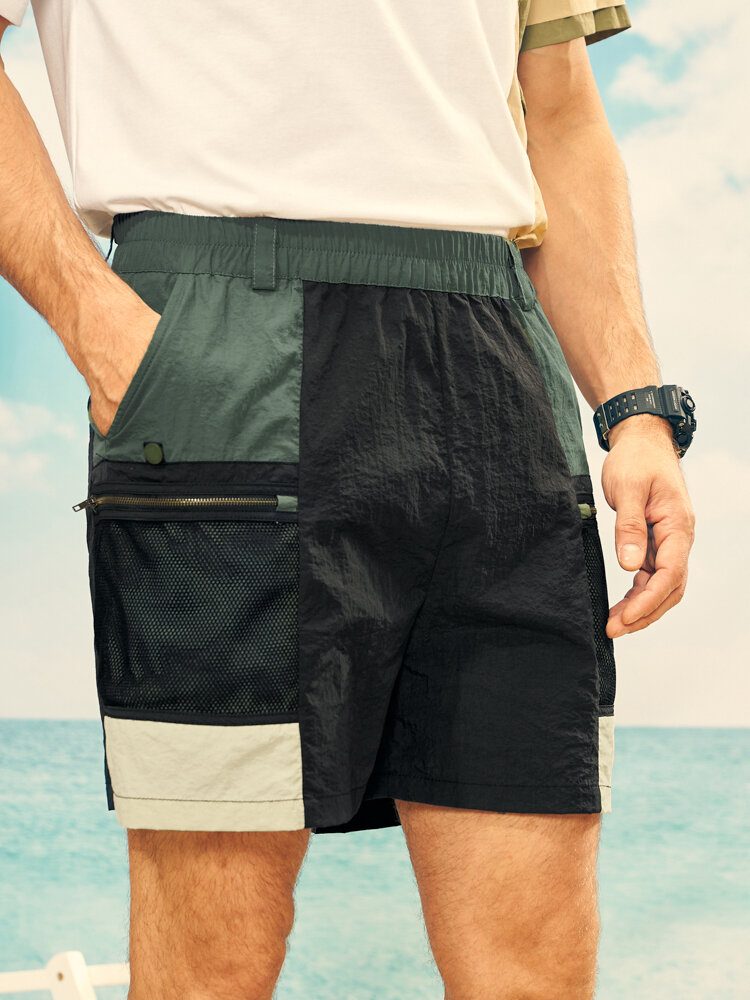 Menn Colorblock Zip Pocket Belted Elastisk Midje Shorts