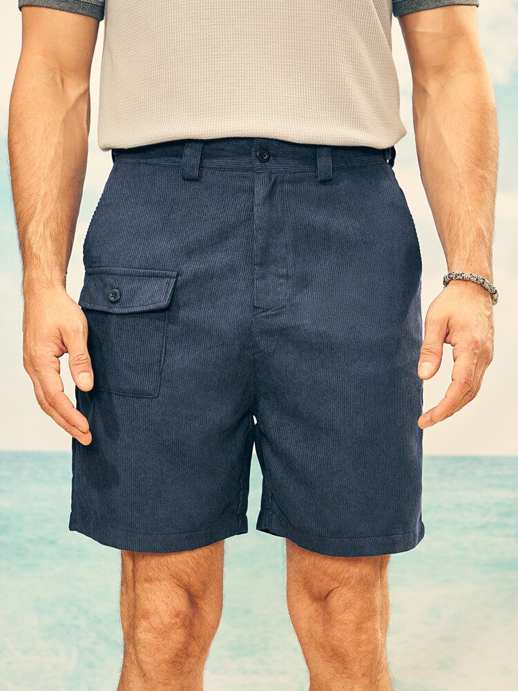 Menn Solid Ribbed Belted Multi Pocket Stick Casual Mid Length Shorts