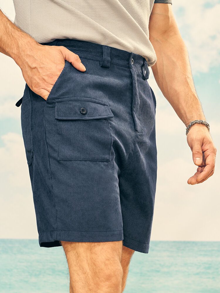 Menn Solid Ribbed Belted Multi Pocket Stick Casual Mid Length Shorts