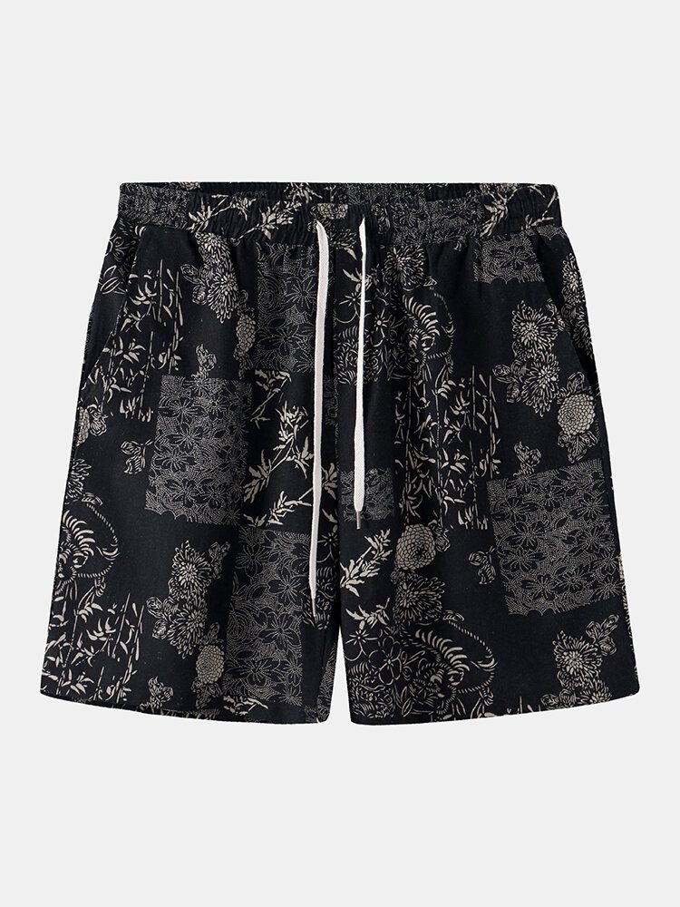 Vintage Print For Menn Med Snøring Lomme Uformelle Løse Shorts