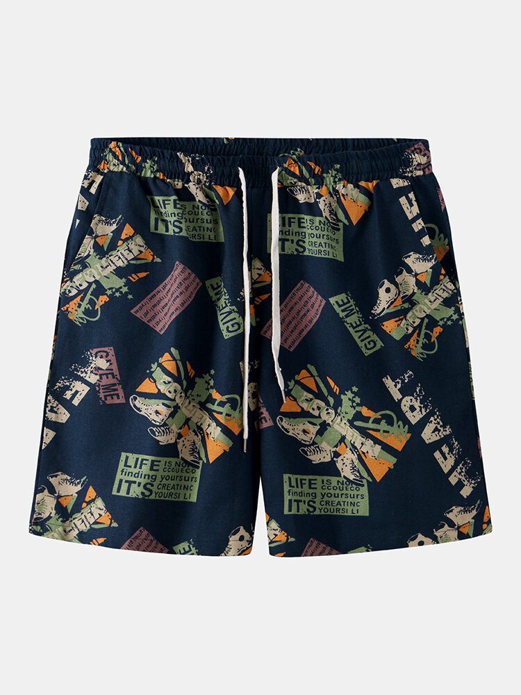 Vintage Print For Menn Med Snøring Lomme Uformelle Løse Shorts