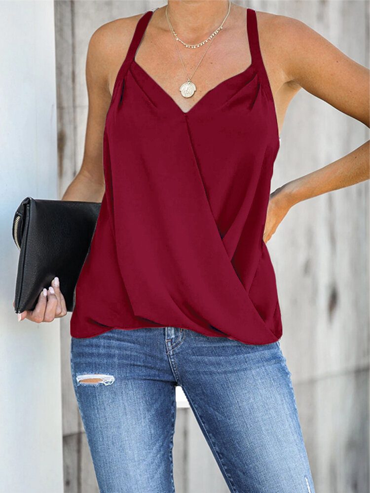 Casual Burgundy Halter V-hals Ermeløs Front Cross Elegant Tank Top