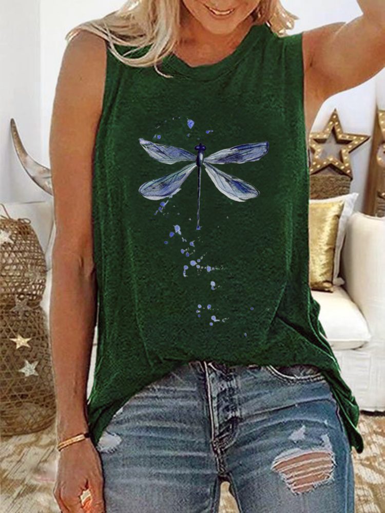 Dame Dragonfly Print Ermeløse Casual Tank Tops