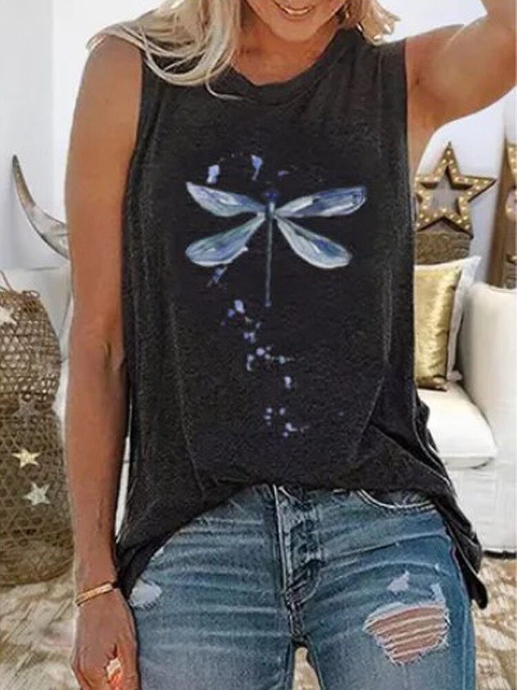 Dame Dragonfly Print Ermeløse Casual Tank Tops