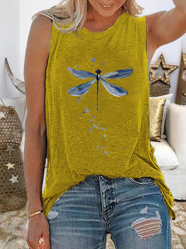 Dame Dragonfly Print Ermeløse Casual Tank Tops