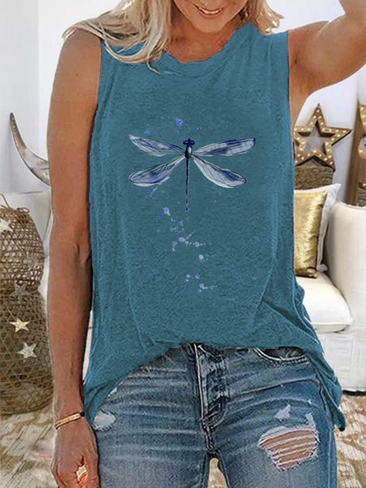 Dame Dragonfly Print Ermeløse Casual Tank Tops