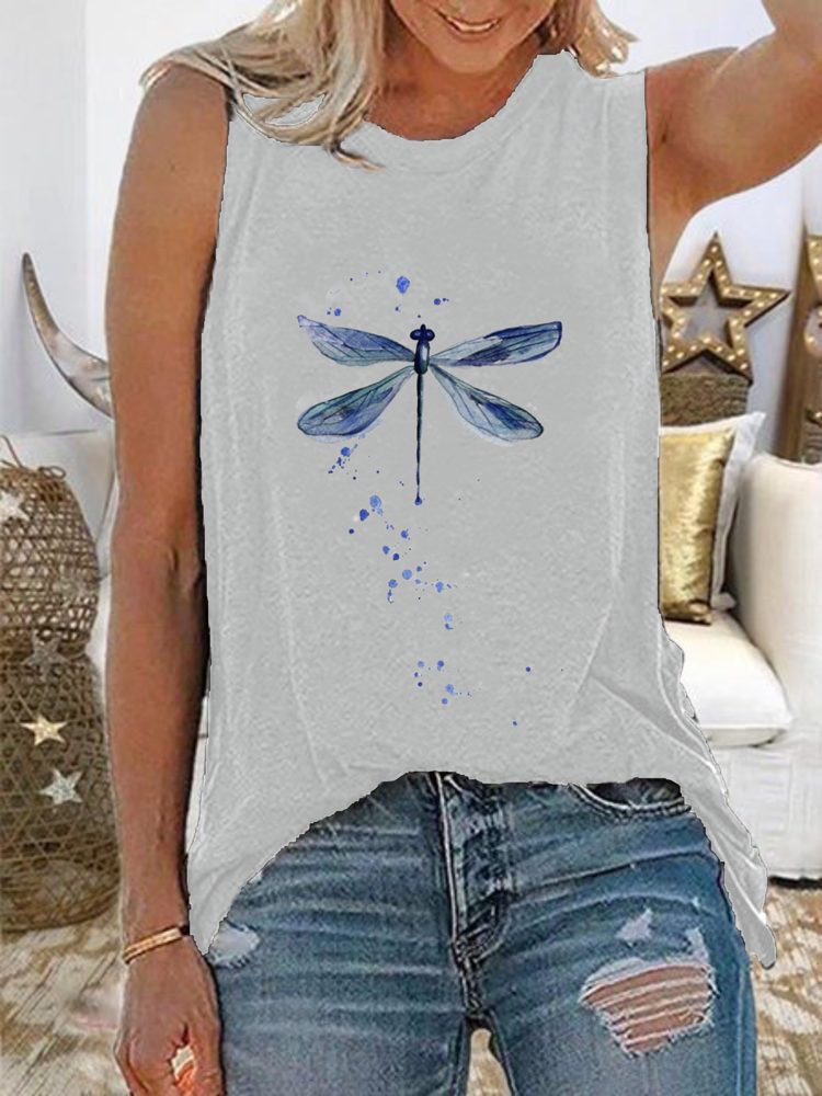 Dame Dragonfly Print Ermeløse Casual Tank Tops