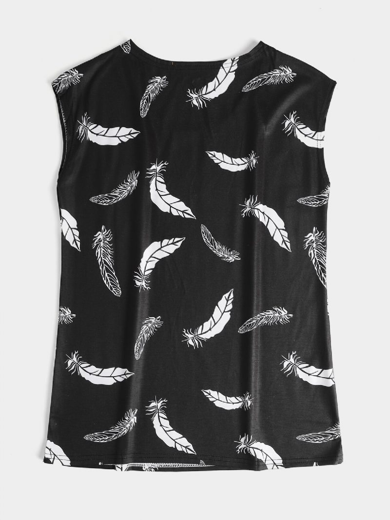 Fjær Print Rund Hals Ermeløs Løs Dame Casual Tank Top