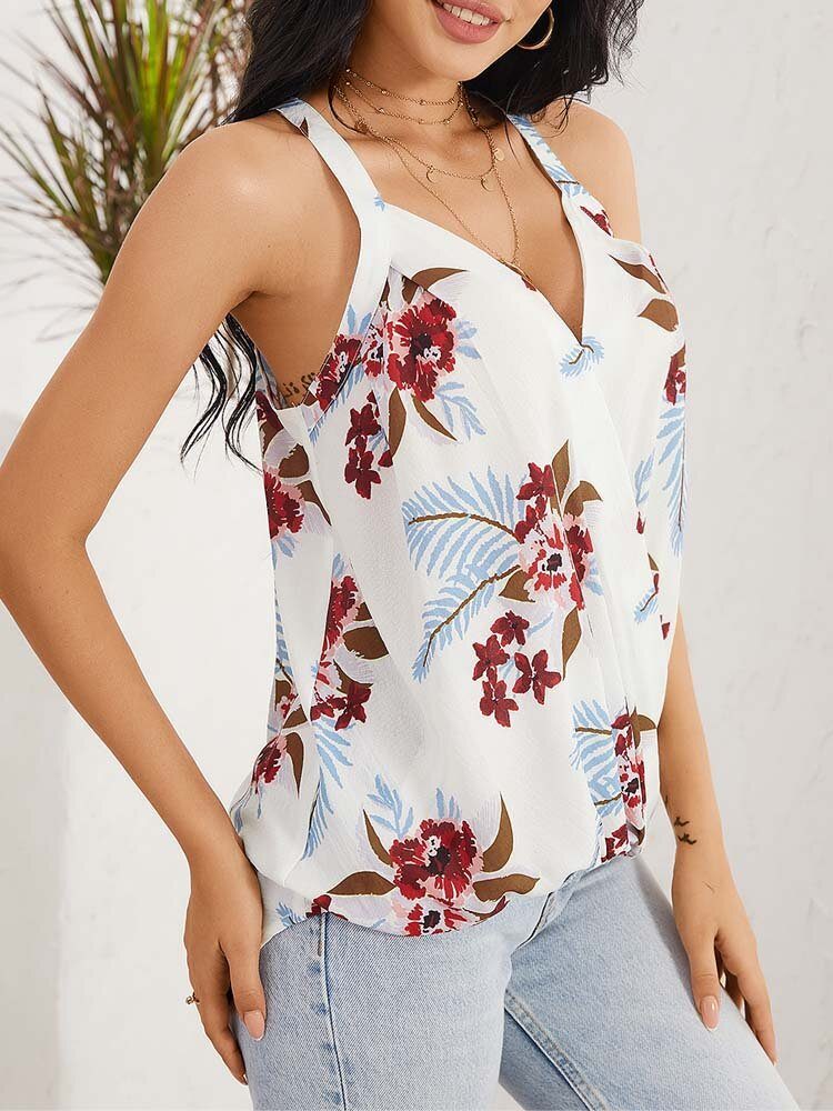 Floral Print Halter V-hals Patchwork Holiday Ermeløs Tank Top