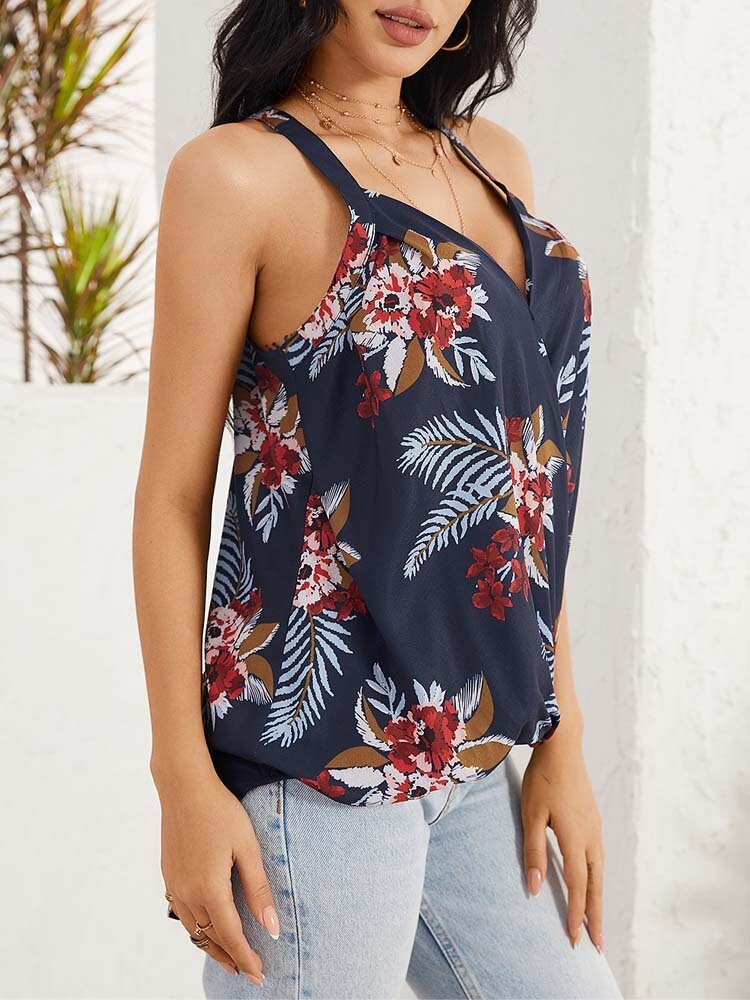 Floral Print Halter V-hals Patchwork Holiday Ermeløs Tank Top