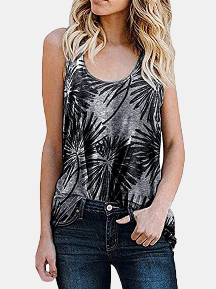 Kvinner Plant Print Ermeløs Rundhals Holiday Casual Tank Top