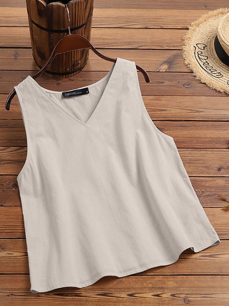 Solid V-hals Ermeløs Casual Cotton Tank Top For Dame