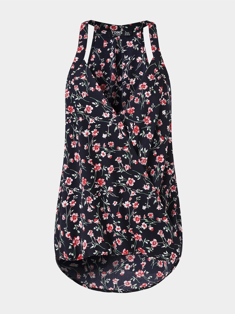 Sort Blomstertrykk Halter V-hals Ermeløs Tank Top