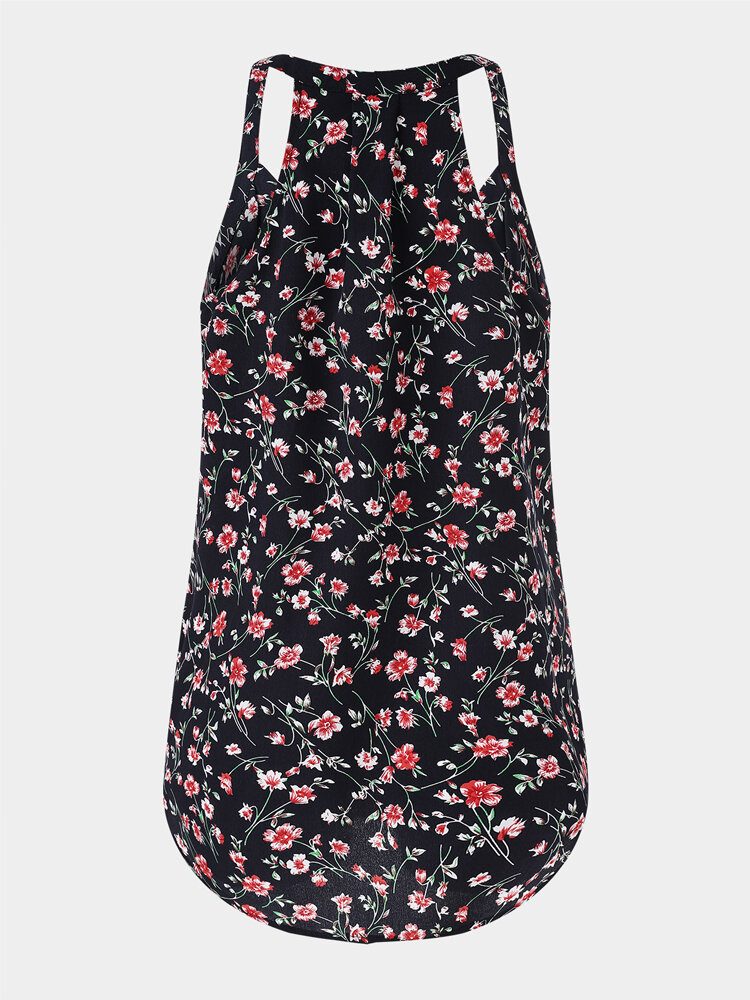 Sort Blomstertrykk Halter V-hals Ermeløs Tank Top