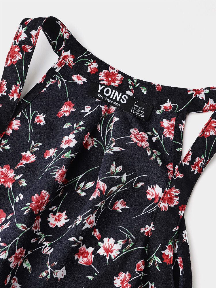 Sort Blomstertrykk Halter V-hals Ermeløs Tank Top