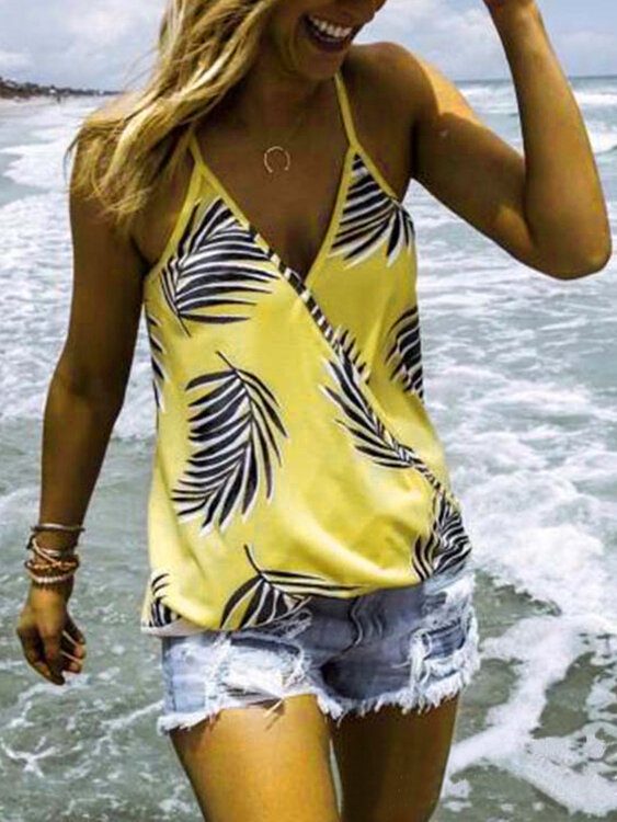 Tropical Plant Print V-hals Ermeløse Summer Hawaii Tank Tops