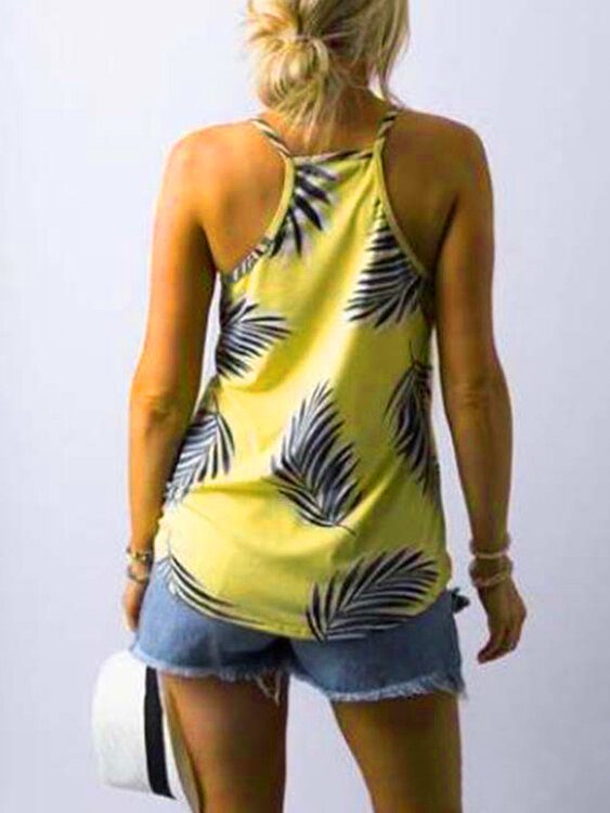 Tropical Plant Print V-hals Ermeløse Summer Hawaii Tank Tops