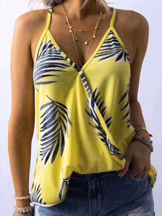 Tropical Plant Print V-hals Ermeløse Summer Hawaii Tank Tops