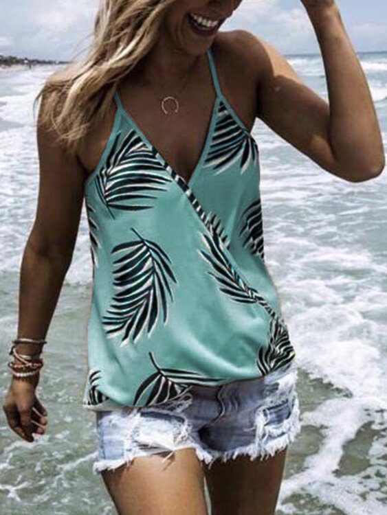 Tropical Plant Print V-hals Ermeløse Summer Hawaii Tank Tops