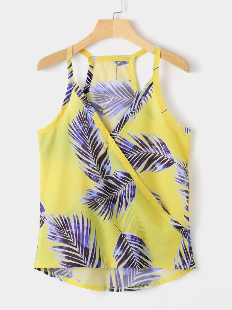 Tropical Plant Print V-hals Ermeløse Summer Hawaii Tank Tops