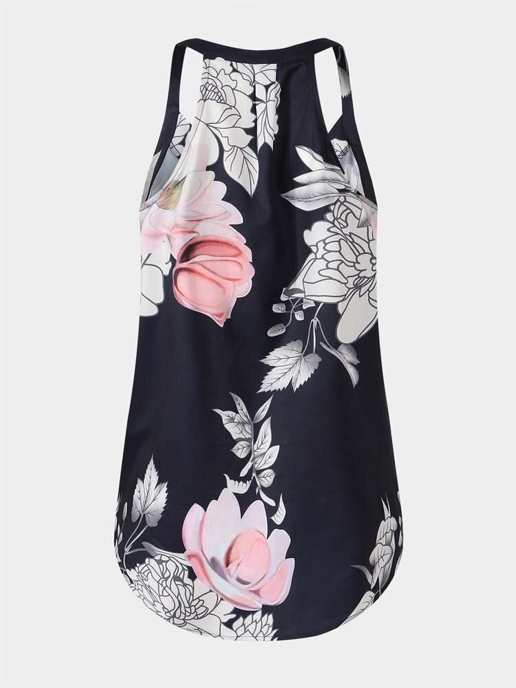 Vintage Floral Print Halter V-hals Ermeløs Wrap Tank Top