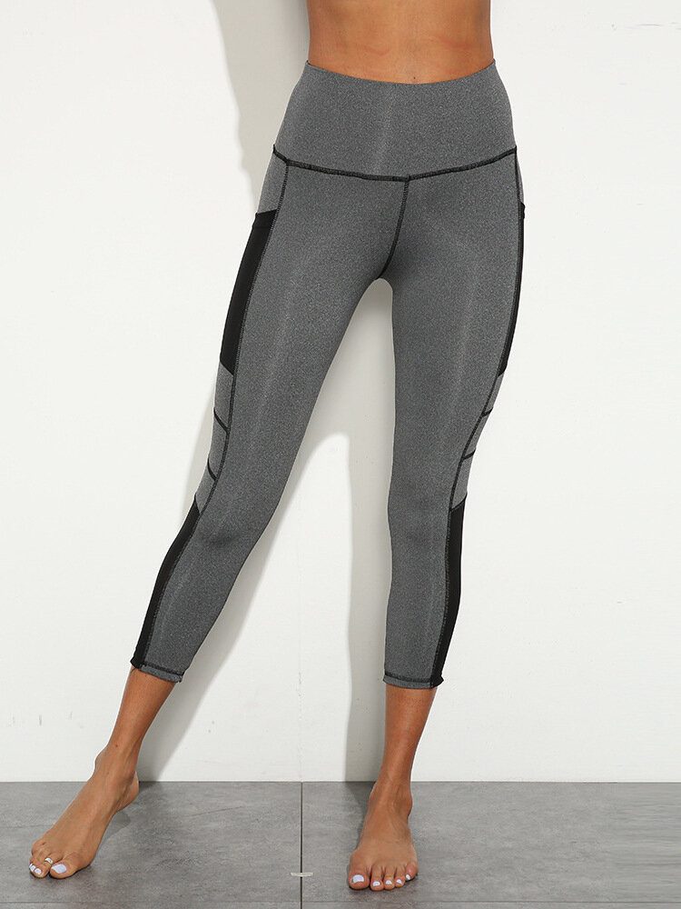 Dame Ensfarget Topstitch Sidelomme Høy Midje Yoga Sport Leggings