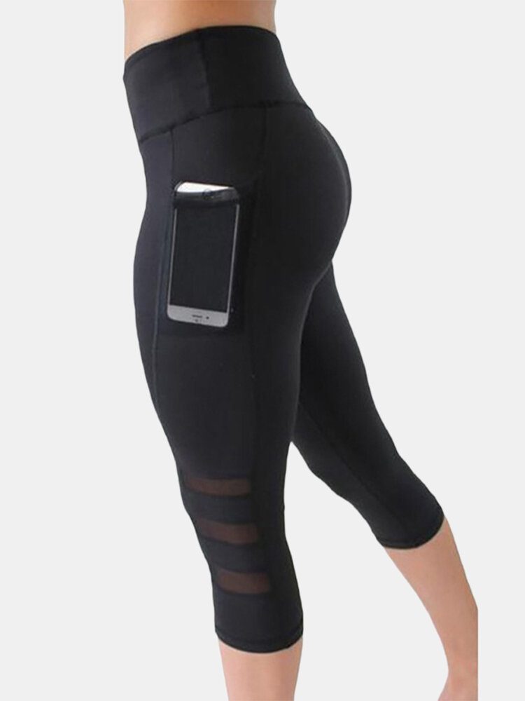 Dame Mesh Patchwork Bodycon Cropped Yoga Sport Leggings Med Lommer