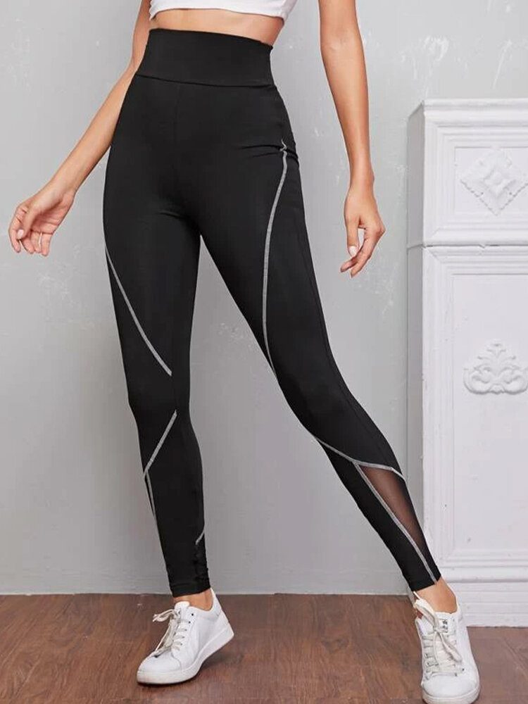 Dame Patch Line Print Elastisk Midje Bodycon Sport Casual Leggings