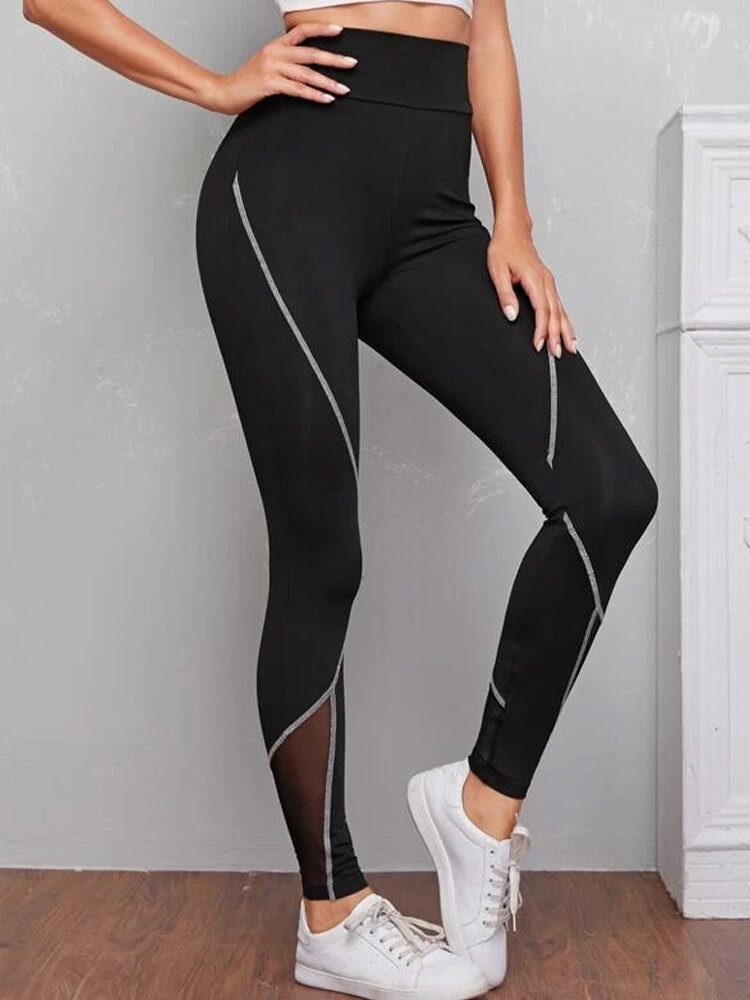 Dame Patch Line Print Elastisk Midje Bodycon Sport Casual Leggings