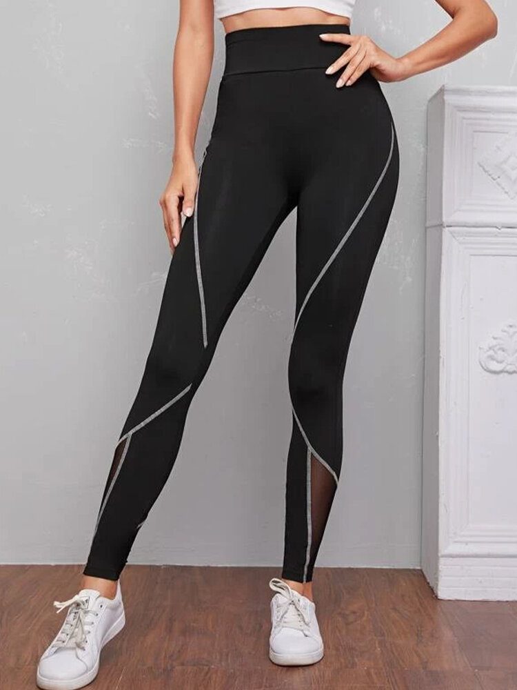 Dame Patch Line Print Elastisk Midje Bodycon Sport Casual Leggings