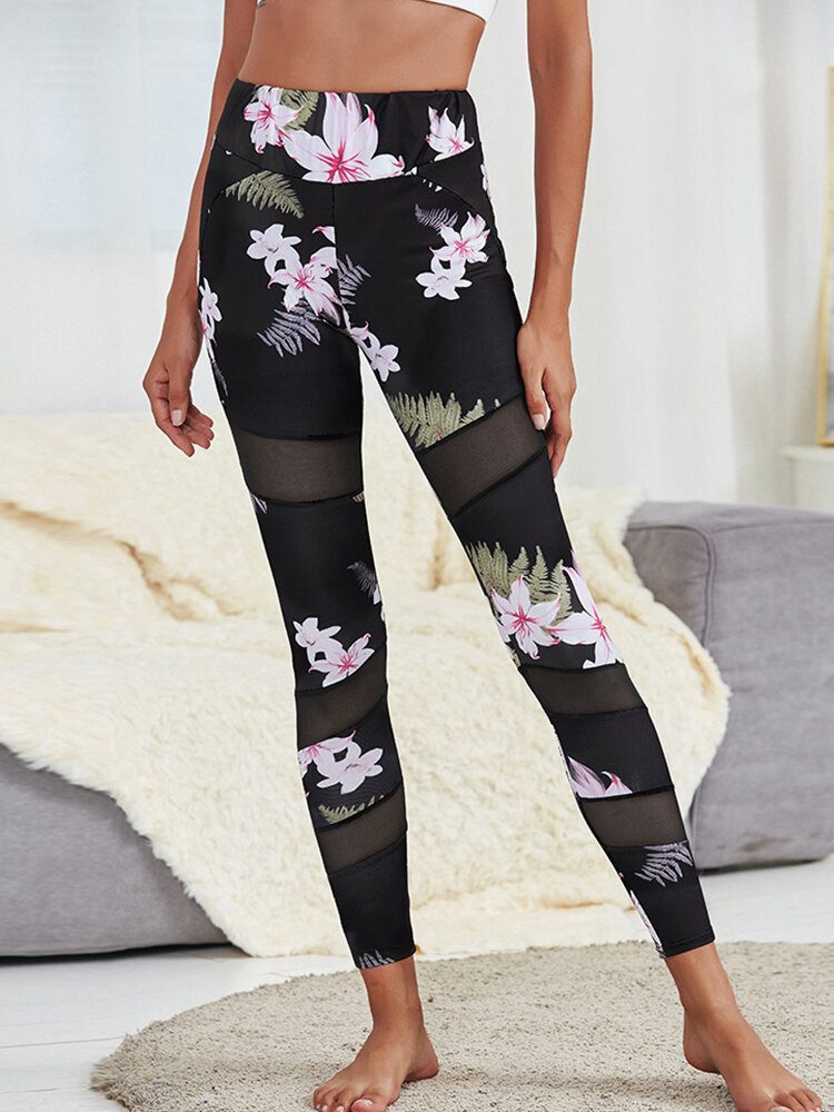 Floral Print Mesh Patchwork Sport Yoga Leggings For Kvinner