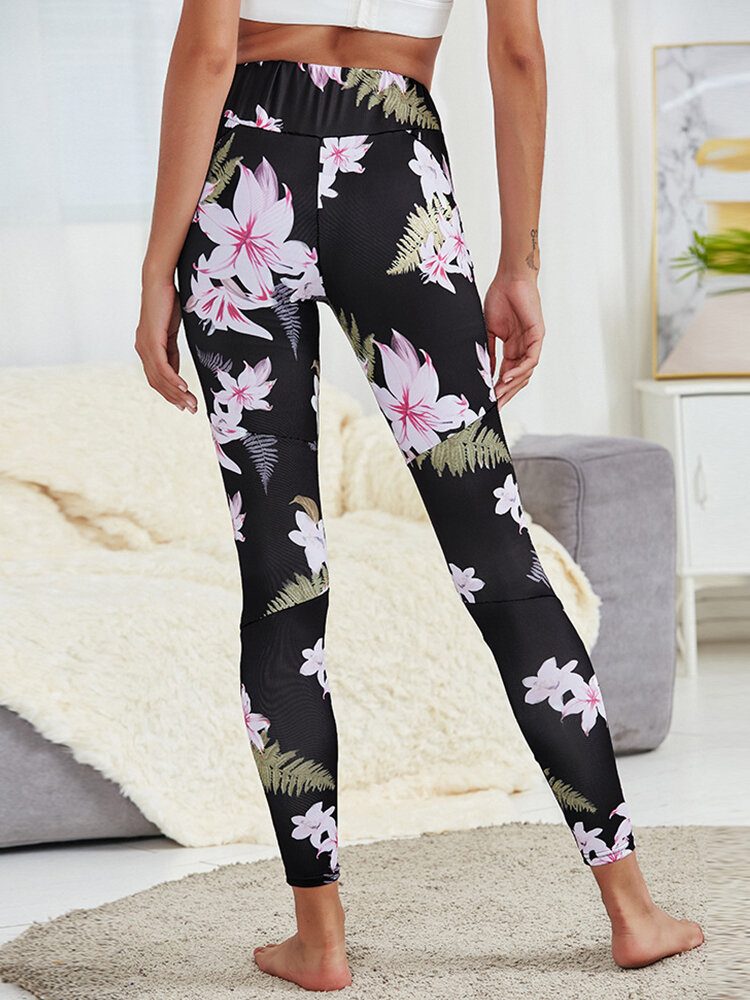 Floral Print Mesh Patchwork Sport Yoga Leggings For Kvinner