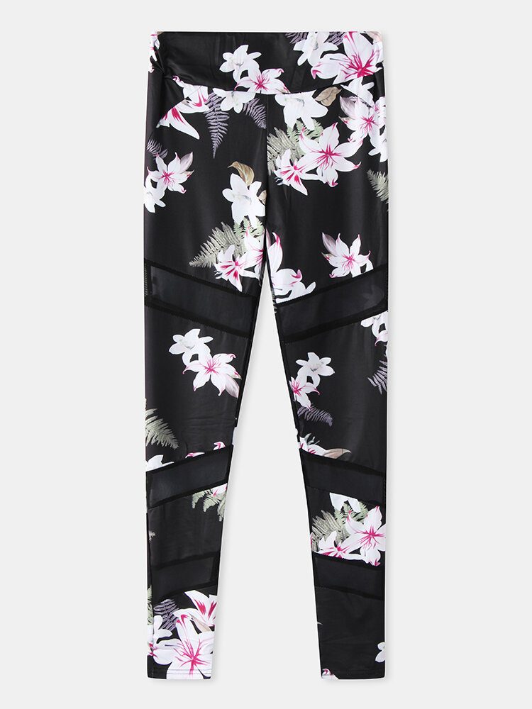 Floral Print Mesh Patchwork Sport Yoga Leggings For Kvinner