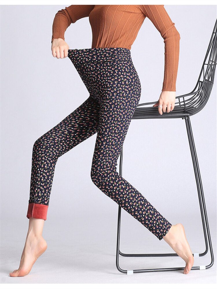 Slim Stretch Thicken Leggings Med Blomstertrykt