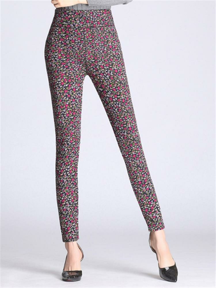 Slim Stretch Thicken Leggings Med Blomstertrykt