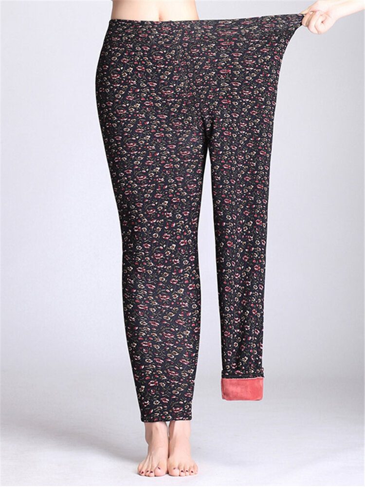 Slim Stretch Thicken Leggings Med Blomstertrykt