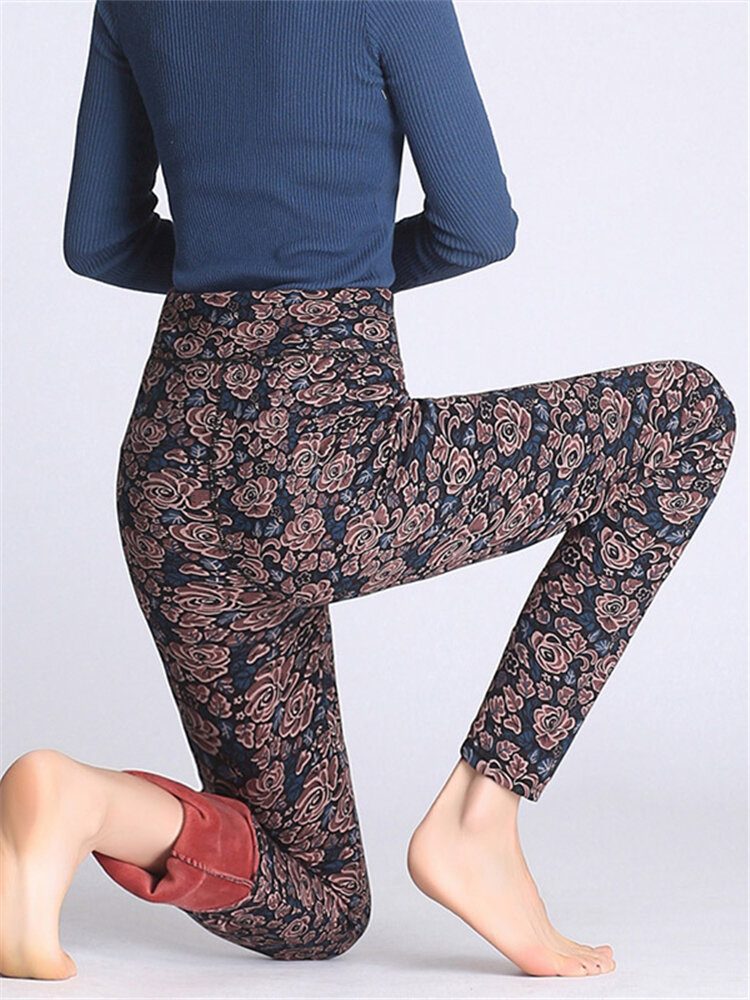 Slim Stretch Thicken Leggings Med Blomstertrykt