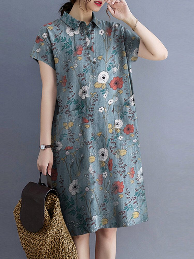 Blomster Abstrakt Paint Print Button Pocket Lapel Midi Dress